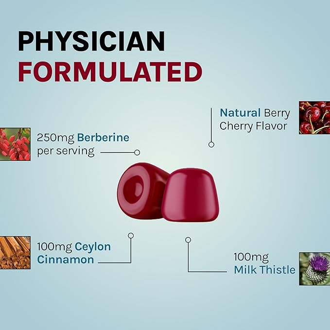 Berberine Gummies with Berberine HCL, Ceylon Cinnamon & Milk Thistle for Immune and Metabolism Support - Berry Cherry Flavor - 60 Count