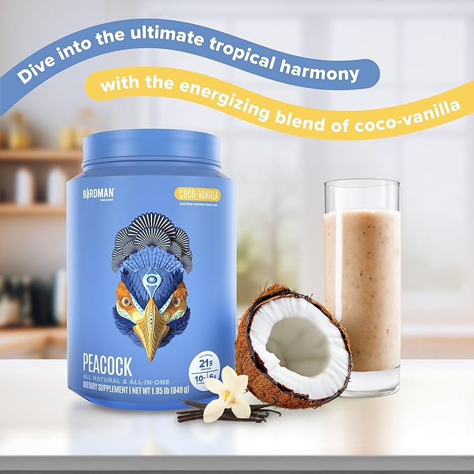 BIRDMAN Peacock Vegan Protein Powder | Complete Plant Based Meal Replacement Shake with Magnesium, Vitamin D, MCT Oil | All in One Supplement for Men and Women | Smooth Texture | Coco Vanilla Flavor