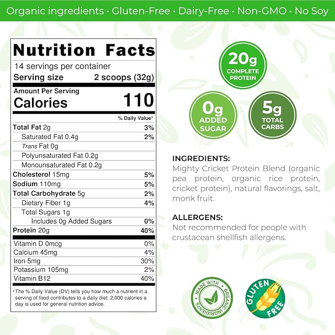 Mighty Cricket Protein Powder. 20g Clean Prebiotic Cricket Protein. No Sugar, Low Carbs, Gluten & Dairy Free. Keto & Paleo, 100% Natural Ingredients. Chocolate, 1 lb (Pack of 1)