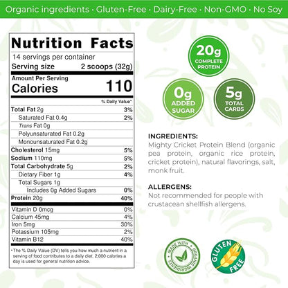 Mighty Cricket Protein Powder. 20g Clean Prebiotic Cricket Protein. No Sugar, Low Carbs, Gluten & Dairy Free. Keto & Paleo, 100% Natural Ingredients. Chocolate, 1 lb (Pack of 2)