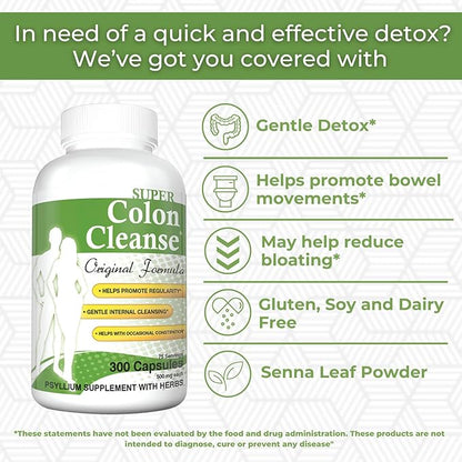 Health Plus Super Colon Cleanse Original Formula (1991-2018), 300 Capsules, 6 Cleanses - Digestive Support, Constipation Relief with Psyllium Husk and Senna Leaf