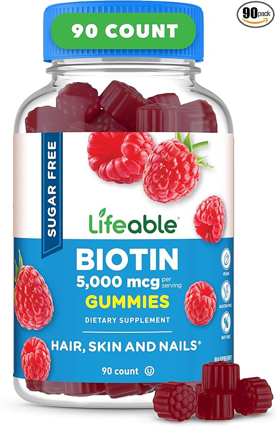 Lifeable Sugar Free Biotin Gummies | 5000mcg Vitamin B7 | Great Tasting Biotin Supplement | Biotin Gummies for Hair Growth, Skin and Nail Health | Hair Gummies for Women, Men, Adults | 90 Gummies