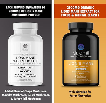 DR. EMIL NUTRITION 9000mg Organic Lions Mane Supplement Capsules with Chaga, Reishi & Maitake - Natural Mushroom Blend for Wellness Support