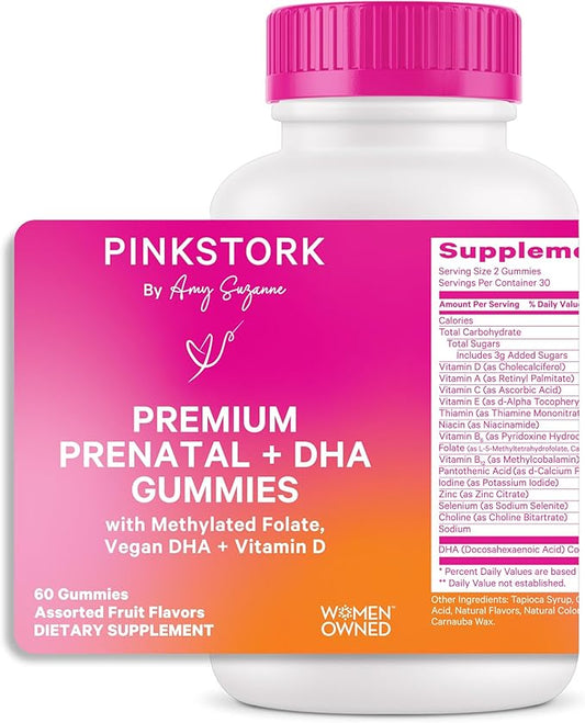 Pink Stork Premium Prenatal Gummy Vitamins with DHA, Folate, and Vitamin D - Multivitamin and Nutrient Blend for Neural Tube and Fetal Brain Development - Pregnancy Must Haves - 60 Vegan Gummies