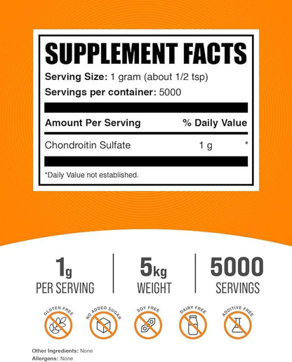 BulkSupplements.com Chondroitin Sulfate Powder - Chondroitin Sulfate Supplements, Chondroitin Sulfate 1000mg - Gluten Free, 1000mg per Serving, 5kg (11 lbs) (Pack of 5)