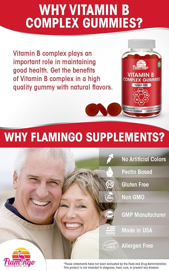 Sugar Free Vitamin B Complex Gummies - Vitamin B12, B7, B6, B3 (Niacin), B5, B8, B9 (Folate)- Third Party Tested- Prenatal, Vegan Diet, Older Adults - B Complex Vitamin Supplement- 60 Gummy Bottle