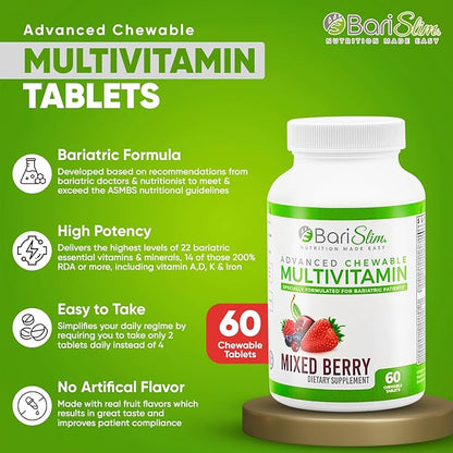 BariSlim Advanced Chewable Bariatric Multivitamin Tablets - Bariatric Vitamin and Supplement for Post Bariatric Surgery Including Gastric Bypass & Gastric Sleeve | Mixed Berry (60 Count)