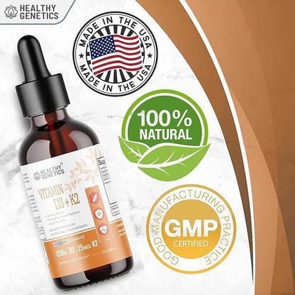 Liquid Vitamin D3 K2 Plus Vitamin K2 MK-7 | 5000IU Vitamin D Liquid Drops | Bones | Immune | Heart Health | Boost Energy 2oz