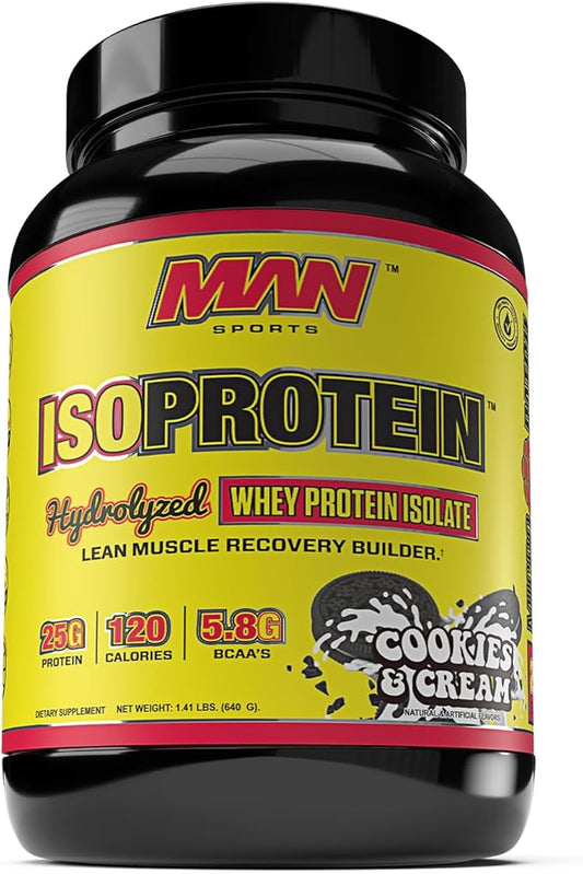MAN Sports New Flavor ISO-Protein Hydrolyzed 100% Pure Whey Protein Isolate Powder, Cookies and Cream, 1.42 Pounds (20 Days Supply)
