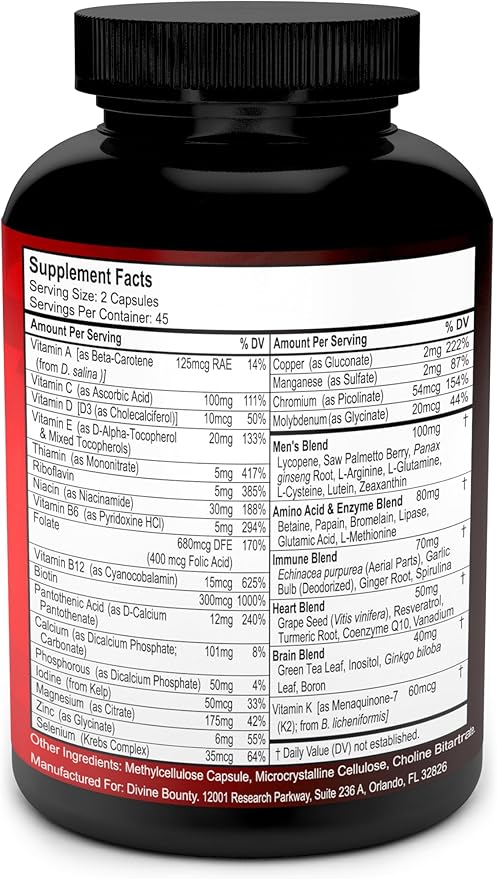 Mens Multivitamin – Daily Multivitamin for Men with Vitamin A C D E K B Complex, Calcium, Magnesium, Selenium, Zinc Plus Heart, Brain, Immune, and Men's Multivitamins – 90 Vegetarian Capsules