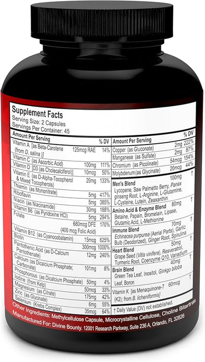 Mens Multivitamin – Daily Multivitamin for Men with Vitamin A C D E K B Complex, Calcium, Magnesium, Selenium, Zinc Plus Heart, Brain, Immune, and Men's Multivitamins – 90 Vegetarian Capsules