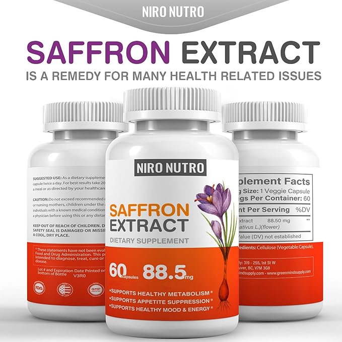 Saffron Supplements, Organic Saffron Extract Capsules for Eyes & Heart Health, Appetite Suppressant for Weight Loss Women, Supports Immune System, Metabolism Booster, Non–GMO