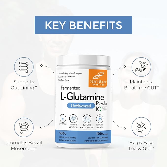 Sandhu's L-Glutamine Powder | 100 Servings, 500 Gram, 17.6 Oz., Large Size, 3 Months Supply| Made in USA | Non-GMO, Amino Acid Supplement for Muscle Support and Gut Health