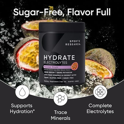 Sports Research Hydrate Electrolytes Powder - Sugar-Free & Naturally Flavored with Vitamins, Minerals, and Coconut Water - Supports Hydration - Passion Fruit