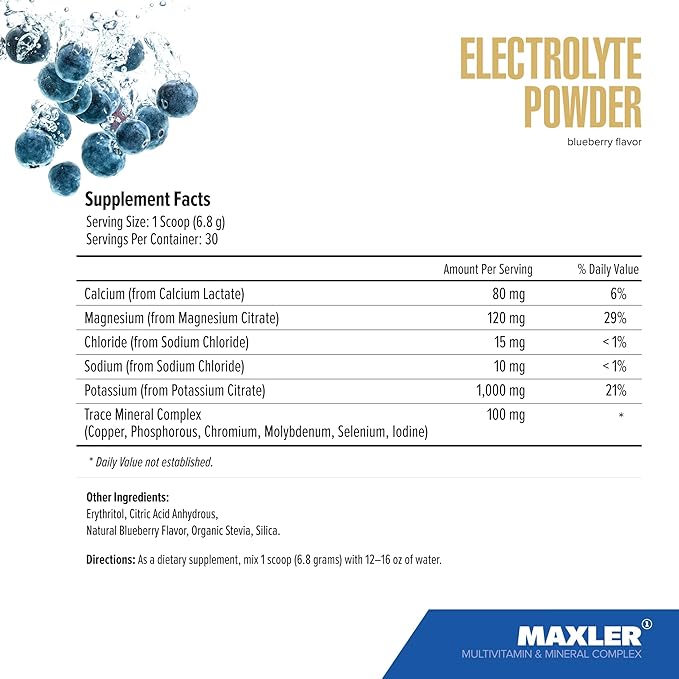 Maxler Electrolyte Powder - Hydration Powder Electrolyte Drink Mix with Trace Mineral Complex - Keto Electrolytes Powder with Natural Flavors and Sweeteners - 30 Servings - Blueberry
