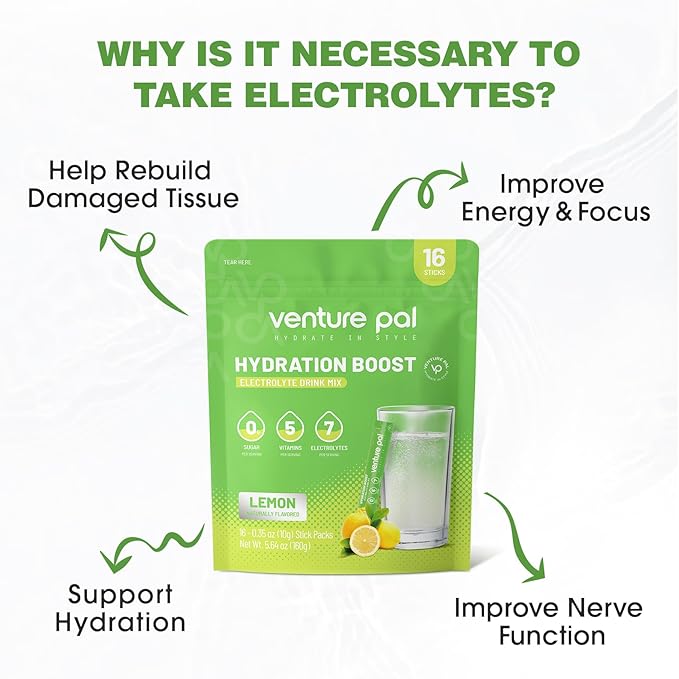 Venture Pal Sugar Free Electrolyte Powder Packets - Liquid Daily IV Drink Mix for Rapid Hydration & Party Recovery | 5 Vitamins & 7 Electrolytes| Keto Friendly | Non-GMO | Certified Vegan | 16 Sticks