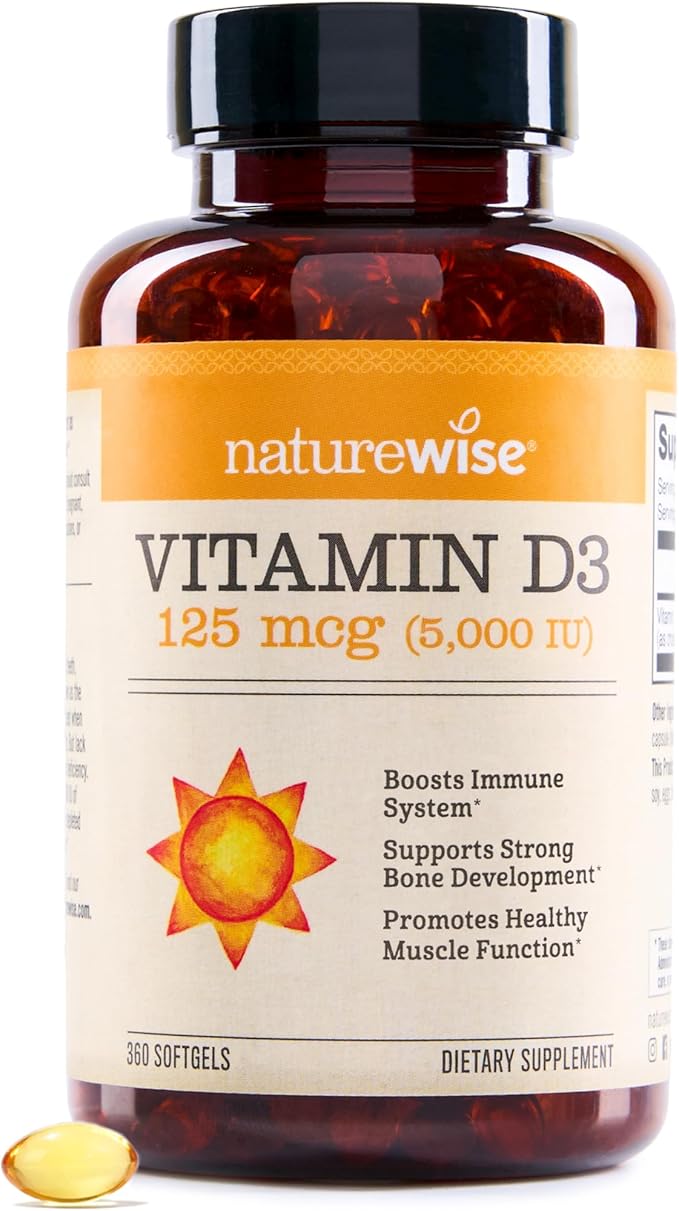 NatureWise Vitamin D3 5000iu (125 mcg) 1 Year Supply for Healthy Muscle Function, and Immune Support, Non-GMO, Gluten Free in Cold-Pressed Olive Oil, Packaging Vary ( Mini Softgel), 360 Count