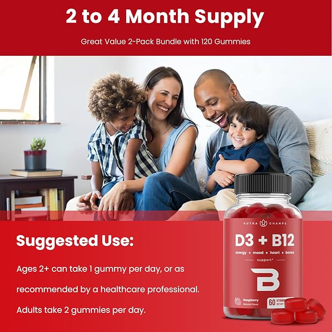 Vitamin D3 & Vitamin B12 | Methyl B12 Gummies for Adults & Kids | Enhanced with Vitamin D 3 & B9 Vitamin Folate | Natural Energy, Mood, Metabolism & Focus | Raspberry | 120 Gummies (2 Pack)