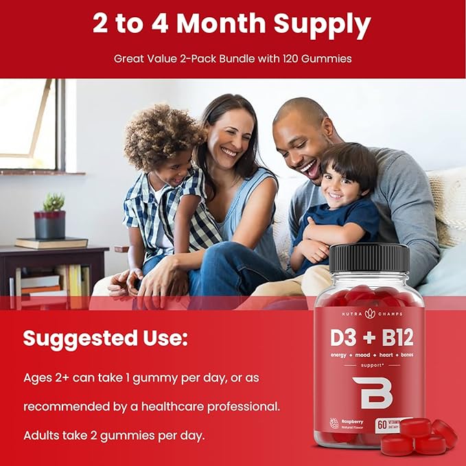 Vitamin D3 & Vitamin B12 | Methyl B12 Gummies for Adults & Kids | Enhanced with Vitamin D 3 & B9 Vitamin Folate | Natural Energy, Mood, Metabolism & Focus | Raspberry | 60 Gummies