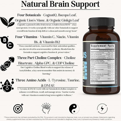 Focus 14-in-1 Nootropic Brain Supplement with Lions Mane, Alpha GPC Choline, Vitamin C & B12, Taurine, Bacopa - Energy, Cognitive, Memory Support, 60 Filler Free Capsules