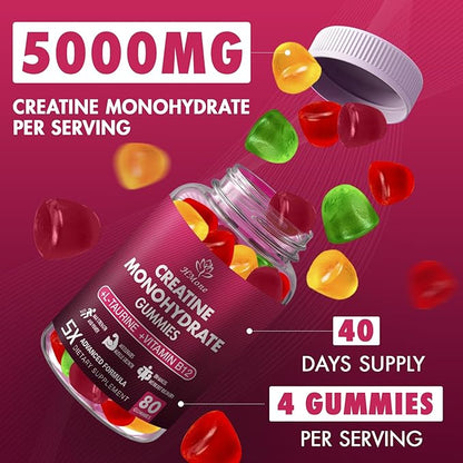 Creatine Monohydrate Gummies - 5g for Men & Women, 160 Count and Creatine Chewable Supplements for Muscle Gain, Muscle Strength, Energy Boost, and Muscle Builder, Sugar Free, Vegan