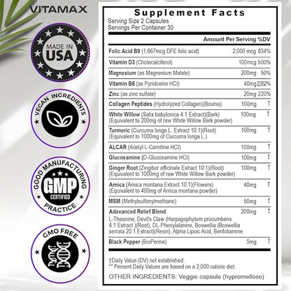 Sciatica Nerve Health Support - Sciatic Nerve Supplement Capsules with Folic Acid, Pea, Glucosamine, MSM, Vitamin B Complex, Alpha Lipoic Acid 300mg - Made in USA (60 Count (Pack of 2))