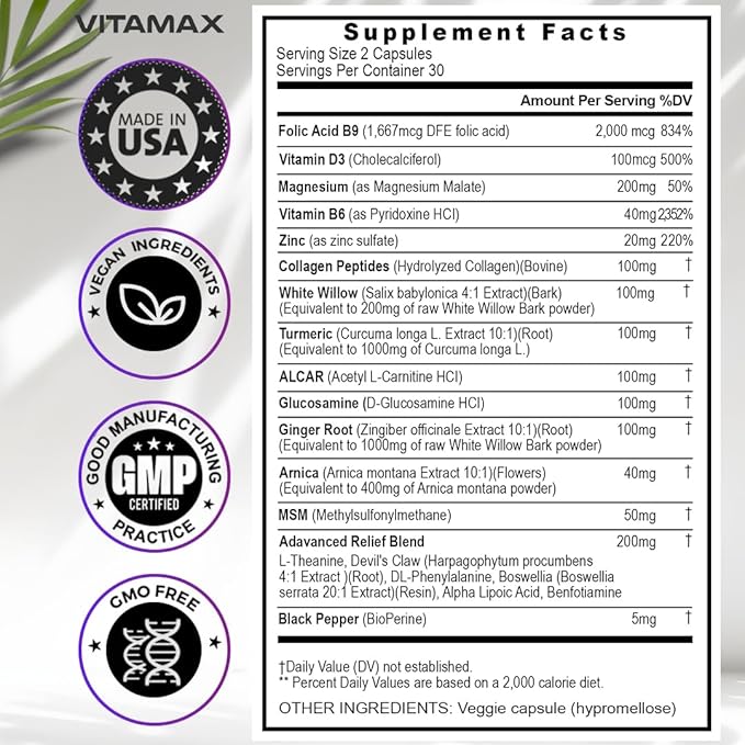 Sciatic Nerve Health Support - Sciatic Nerve Supplement Capsules with Folic Acid, Pea, Glucosamine, MSM, Vitamin B Complex, Alpha Lipoic Acid 300mg – 60ct – Made in USA