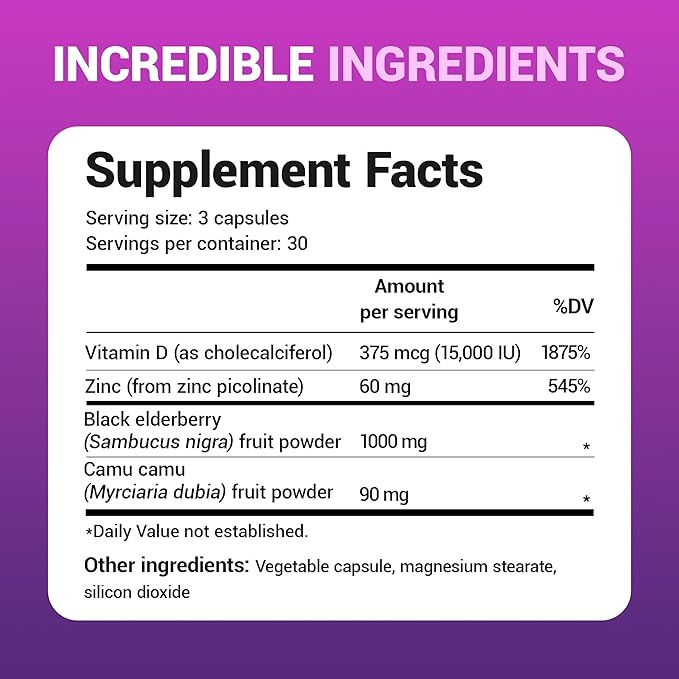 Dr. Berg Black Elderberry Capsules (Advanced Immune Support*) with 15,000 IU Vitamin D, 60 mg of Zinc, & 90 mg of Camu Camu - (4-in-1) Sambucus Elderberry Immune Support Supplement - 90 Capsules