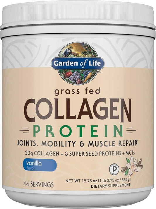 Garden of Life Grass Fed Collagen Protein Powder - Vanilla, 14 Servings, Collagen Powder for Joints Mobility Muscle Repair, Collagen Peptides, Super Seeds Coconut MCTs, Hydrolyzed Collagen Supplement