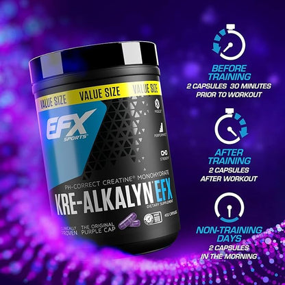 EFX Sports Kre-Alkalyn EFX | pH Correct Creatine Monohydrate Pill Supplement | Strength, Muscle Growth & Performance | 200 Servings, 400 Capsules