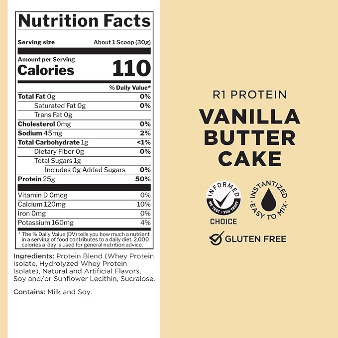Rule One Proteins R1 Protein - 25g Fast-Acting, Super-Pure 100% Isolate and Hydrolysate Protein Powder with 6g BCAAs (5 Pounds*, Vanilla Butter Cake)