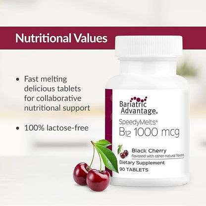 Bariatric Advantage B-12 Speedy Melts, Vitamin B12 1000 mcg Supplement, Fast Melting with 200 mcg of Folic Acid for Nutritional Support - Black Cherry, 90 Count