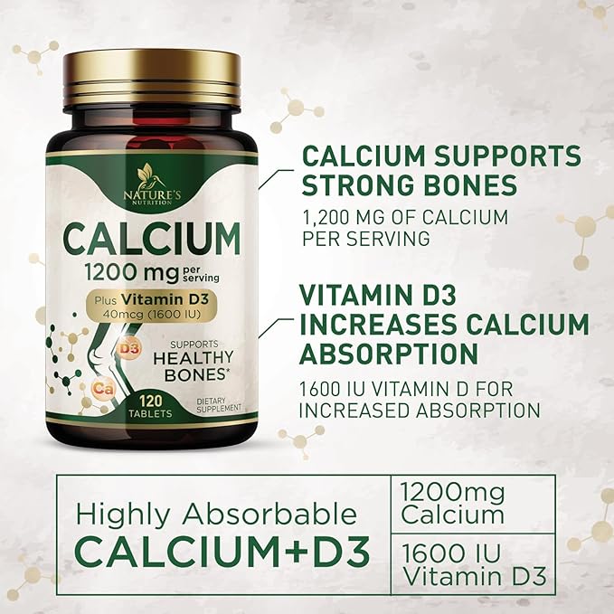 Calcium 1200 mg with Vitamin D3, Calcium Supplement Vitamins, Supports Bone Strength, Teeth & Immune System, Calcium Supplements for Women & Men, Nature's Absorbable Calcium Carbonate - 120 Tablets