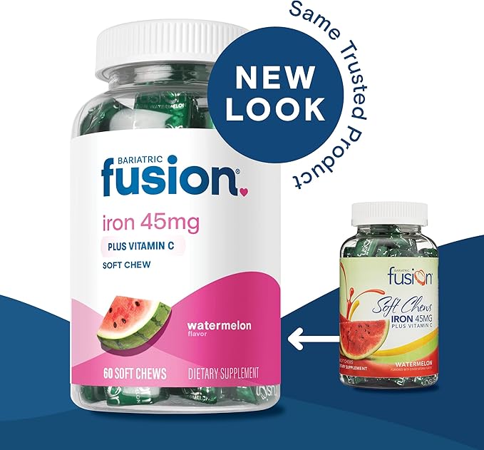 Bariatric Fusion Iron Soft Chew with Vitamin C | Watermelon Flavored | Chewy Vitamin for Bariatric Patients | Gluten Free | Iron Supplement for Women and Men | 60 Count | 2 Month Supply