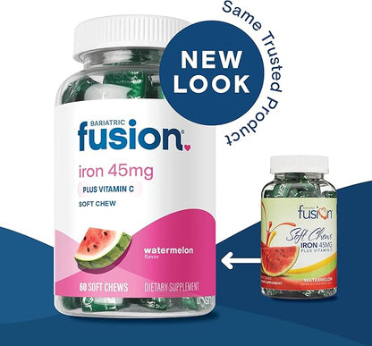 Bariatric Fusion Iron Soft Chew with Vitamin C | Watermelon Flavored | Chewy Vitamin for Bariatric Patients | Gluten Free | Iron Supplement for Women and Men | 60 Count | 2 Month Supply