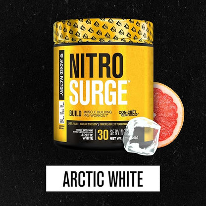 Jacked Factory Nitrosurge Build Pre Workout with Creatine for Muscle Building - Con Cret Creatine Powder & elevATP for Intense Energy, Powerful Pumps, & Endless Endurance - 30 Servings, Arctic White
