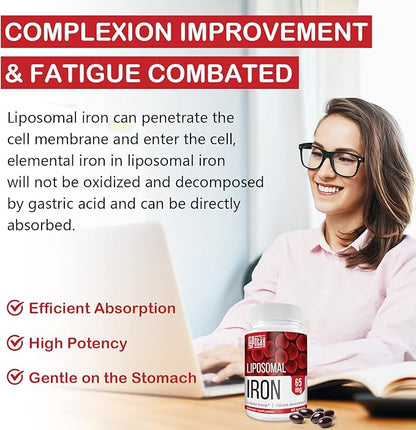 Liposomal Fe Iron Supplement for Women,65 mg Iron Supplement with Folic Acid & Vitamin B12 for Men,Red Blood Cell Production & Energy Support for Adults Iron Deficiency 60 Softgels(6 Bottle)