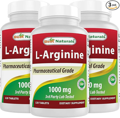 Best Naturals 3 Pack L-Arginine 1000 mg 120 Tablets - Pharmaceutical Grade L Arginine Supplement Promotes Nitric Oxide Synthesis (Total 360 Tablets)