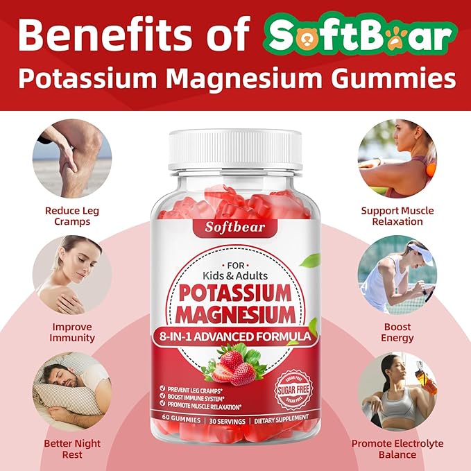 softbear Potassium Gummies for Adults, High Absorption Magnesium Potassium Supplement with Vitamin B6 for Leg Cramps & Muscle Health Sugar-Free Vegan Strawberry 120 Gummies