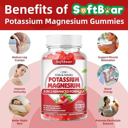 softbear Potassium Gummies for Adults, High Absorption Magnesium Potassium Supplement with Vitamin B6 for Leg Cramps & Muscle Health Sugar-Free Vegan Strawberry 120 Gummies