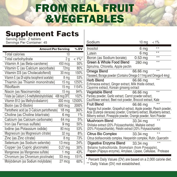 Vegan Whole Food Multivitamin for Men, Daily Multivitamin for Men and Women, Organic Fruits & Vegetables, B-Complex, Herb& Mushroom Blend, Omegas, Minerals, All Natural, Non-GMO, 180 Count