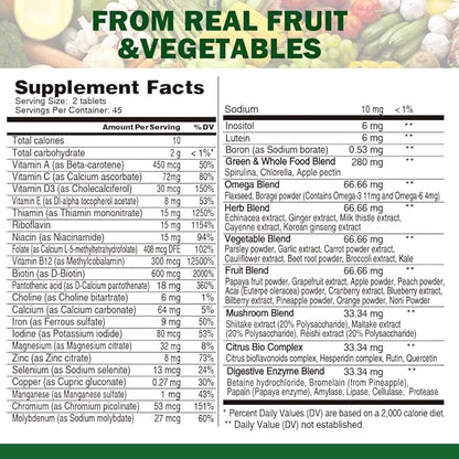 Vegan Whole Food Multivitamin for Men, Daily Multivitamin for Men and Women, Organic Fruits & Vegetables, B-Complex, Herb& Mushroom Blend, Omegas, Minerals, All Natural, Non-GMO, 180 Count