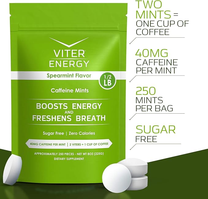 Viter Energy Caffeinated Mints 40mg Caffeine, B Vitamins, Sugar Free. (Spearmint, 8oz, Bulk Bag)