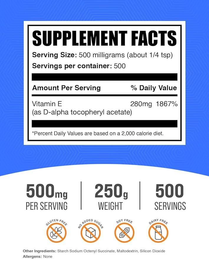 BulkSupplements.com Vitamin E 400 IU Powder - as D-Alpha Tocopherol, Vitamin E Supplements, Vitamin E Powder - Gluten Free, 500mg per Serving, 250g (8.8 oz) (Pack of 1)