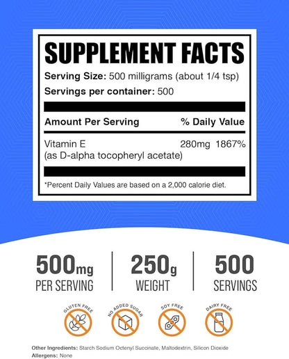 BulkSupplements.com Vitamin E 400 IU Powder - as D-Alpha Tocopherol, Vitamin E Supplements, Vitamin E Powder - Gluten Free, 500mg per Serving, 250g (8.8 oz) (Pack of 1)