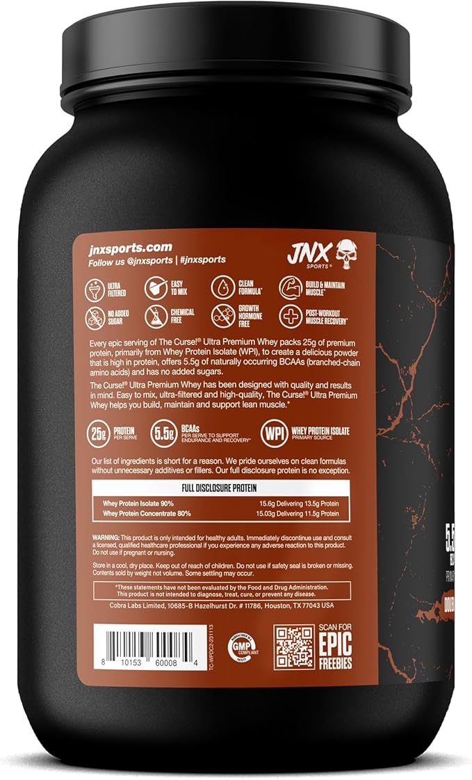 JNX SPORTS The Curse! Ultra Premium Whey Protein Powder Double Chocolate 2lb | 25g Protein Per Serve, Primary Source Whey Isolate