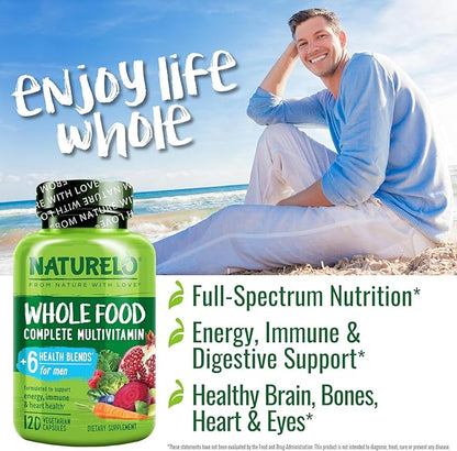 NATURELO Mens Multivitamins - Whole Food Multivitamin for Men with Vitamins, Minerals - 120 Vegetarian Capsules for Energy, Brain, Heart, Eye Health*