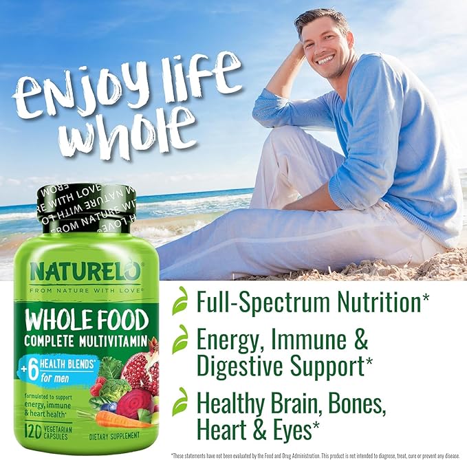 NATURELO Mens Multivitamins - Whole Food Multivitamin for Men with Vitamins, Minerals - 120 Vegetarian Capsules for Energy, Brain, Heart, Eye Health*