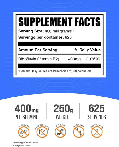BulkSupplements.com Riboflavin Powder - as Vitamin B2, Vitamin B2 Supplement - Riboflavin 400mg, B Vitamins for Wellness, Gluten Free, 400mg per Serving, 250g (8.8 oz) (Pack of 1)