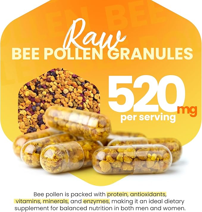Bee pollen Supplement 100% Natural Raw Bee pollen in Veggie Caps Fermented Pollen Multivitamin, Probiotic Superfood, Vital Proteins, Amino Acids, Immune Support &Energy 60 Pollen Capsules